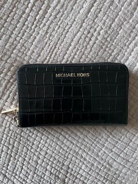 Michael Kors Black Croc-Embossed Zip Around Wallet with Gold Hardware